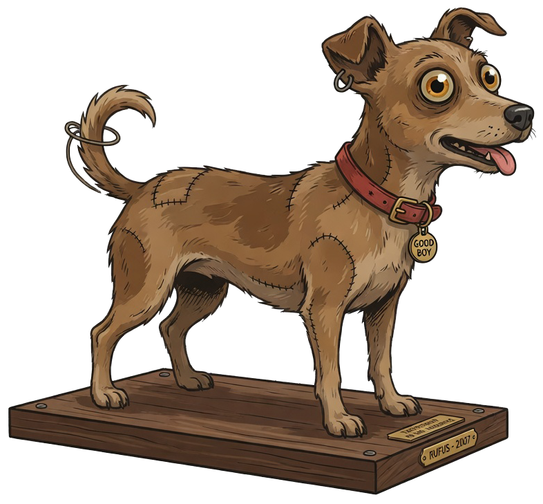 Stuffed dog taxidermy on wooden plaque
